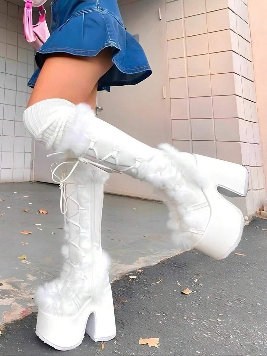 Women's Christmas Winter Furry Snow Boots Womens Mid Calf Boots Lace Up Zip Block Chunky High Heel Punk Goth Warm Fur Winter Snow Platform Knee High Boots - trắng - Xem 1