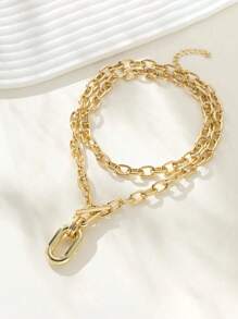 1pc Stylish Gold-Tone Metal Chain Multilayer Necklace, Creative Chunky Chain Design For Party & Everyday Wear