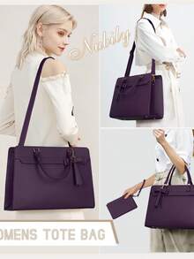 NUBILY 15.6 Inch Leather Laptop Tote Bag For Women - Waterproof Business Briefcase & Satchel Purse 2-Piece Set | Large Capacity Computer Work Bag For Office Professionals - 紫色 - 查看 4