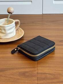几何拼接迷你钱包卡包，便携式现金袋，适合商务、办公、周年纪念、情侣、男士生日礼物 - 黑色 - 查看 7