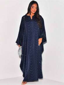 Middle East 2026 Spring/Summer New Women's Fashion Loose Rhinestone Abaya Cardigan Long Robe - Blue - View 1