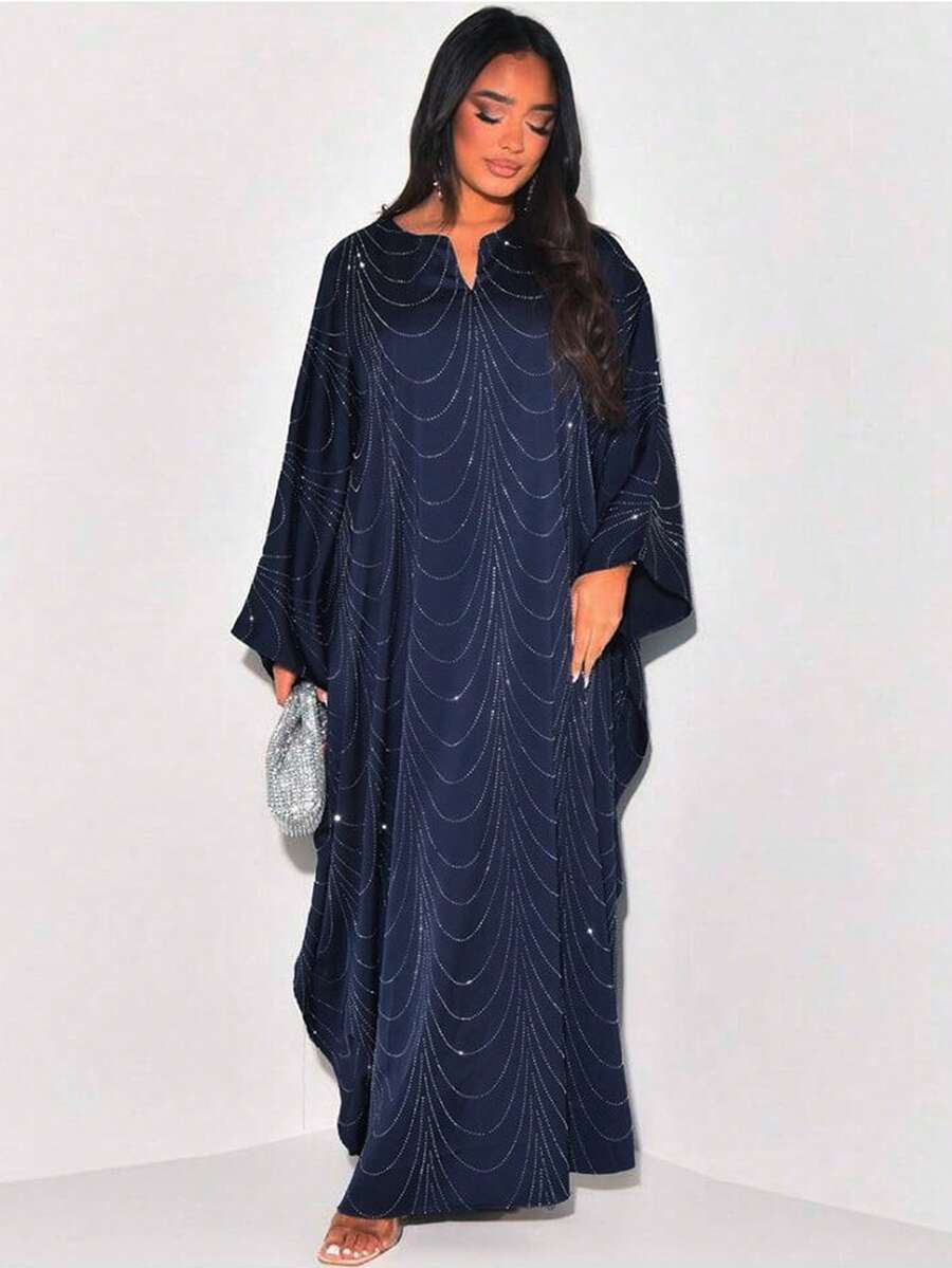 Middle East 2026 Spring/Summer New Women's Fashion Loose Rhinestone Abaya Cardigan Long Robe - Blue - View 1