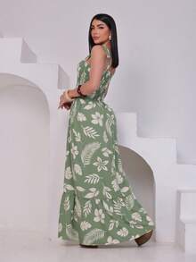 Long Printed Latex Dress With Straps - Green - View 5