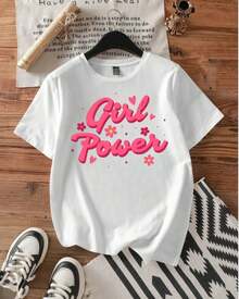 CHOPIS Camiseta Dama cuello redondo manga corta playera mujer blusa gráfica moda chopis suave casual diseño de letras rosas GIRL POWER - Blanco - Ver 1