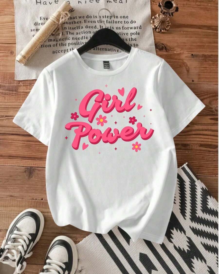 CHOPIS Camiseta Dama cuello redondo manga corta playera mujer blusa gráfica moda chopis suave casual diseño de letras rosas GIRL POWER - Blanco - Ver 1