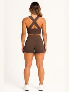 AKORIO MODAS Women's Fitness Fashion Top And Short Set Yoga Running A11 - 鏽棕色 - 查看 2