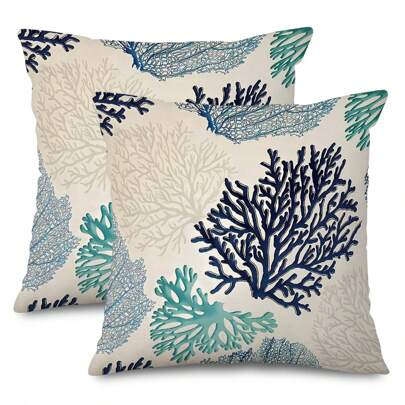 2PCS Two Beach Linen Pillow Covers, Coastal Coral Branch Ocean-Themed Pillow Cases, Luxurious Decorative Throw Pillow Covers, Suitable For Sofa Bed Cottage Decor, One Side Without Pillow Insert