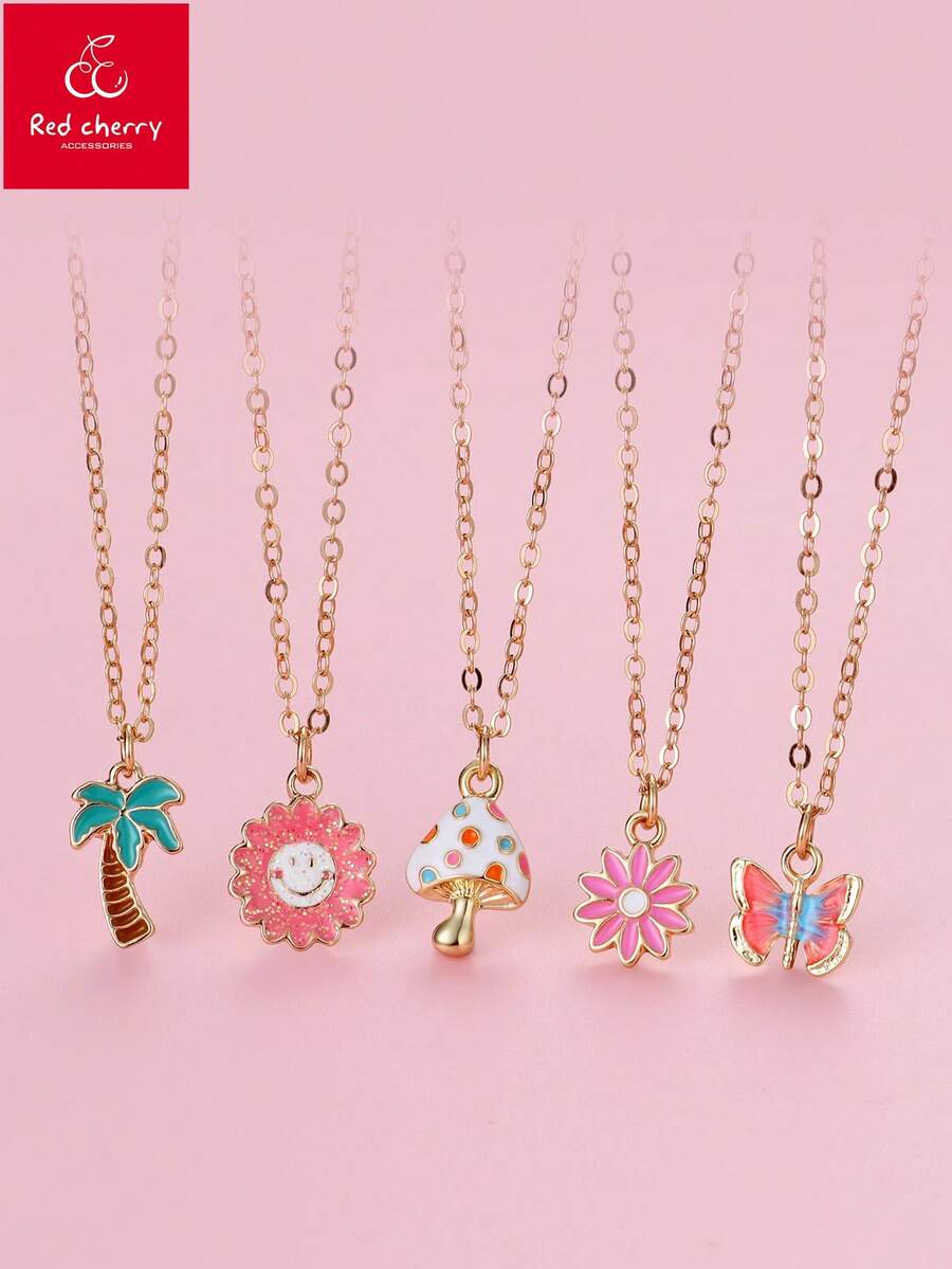 Bộ 5 mặt dây chuyền mạ vàng hình mặt trời, bướm, hoa, cây cọ, nấm, thích hợp cho các bạn gái đeo thường ngày cùng bạn bè - Nhiều màu - Xem 1