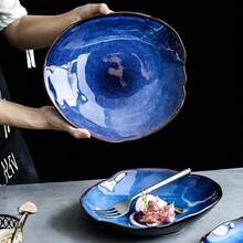 taufikt 1pcs Ceramic Serving Ware, Salad Vegetable Pasta Steak Plate,Microwave And Dishwasher Safe(Blue) - 寶藍色 - 查看 2