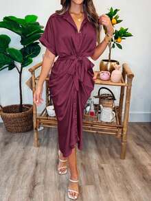 Women's Satin SIlky Button Down Ruched Shirt Dresses Short Sleeve Lapel V-Neck Belted Dress Elegant Spring Summer Wedding Evening Valentine Long Midi Dress - 紫紅色 - 查看 4