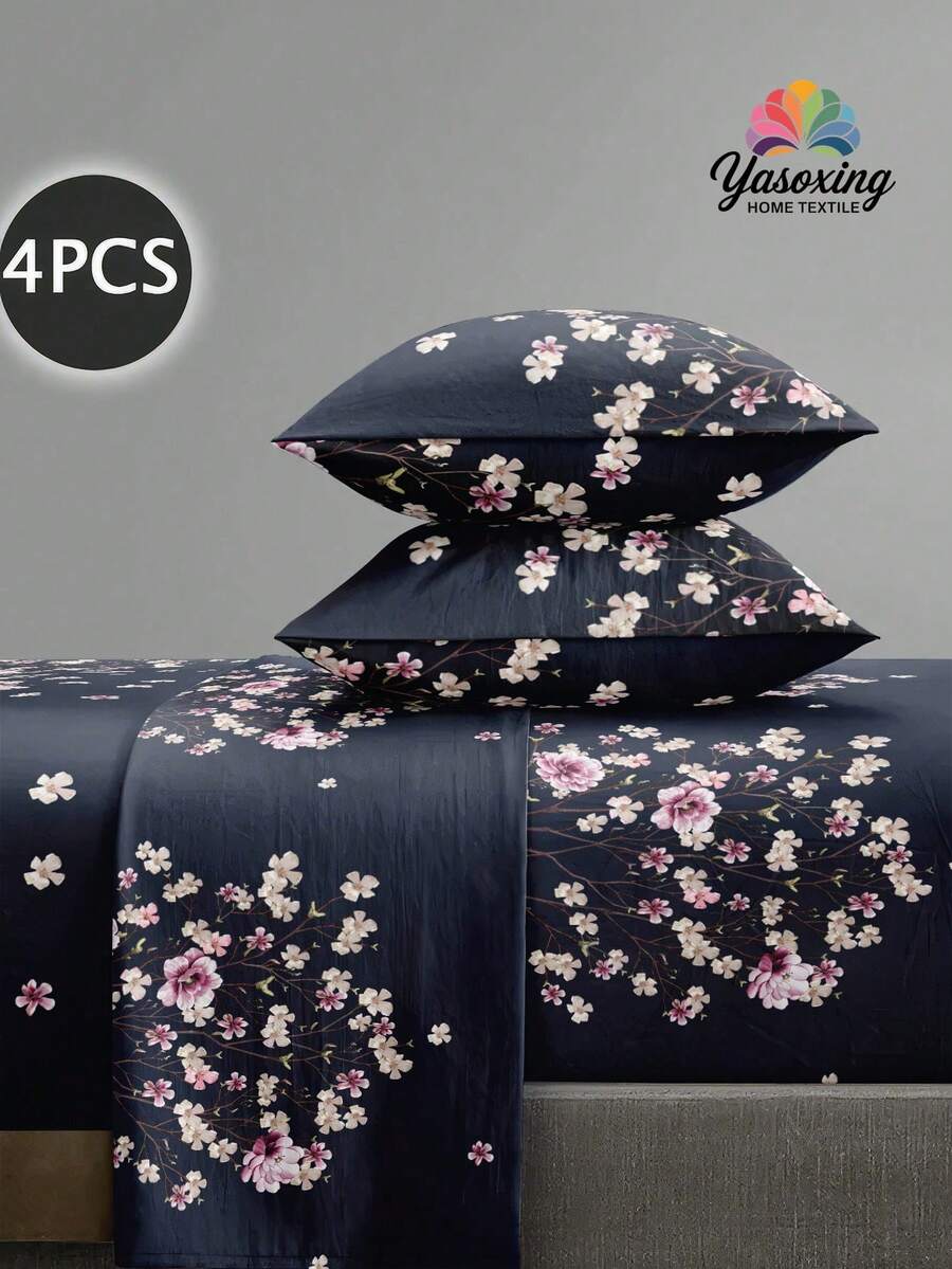 4 件套海军蓝桃花图案床单套件易护理超细纤维柔软床上用品套装花卉床笠套件（1 件床单 + 1 件床笠 + 2 件枕套）床笠套件特大号双人床全尺寸床单深口袋最大 11.8 英寸枕套，柔软透气防皱，更适合睡眠，奢华酒店风格，送给妈妈爸爸朋友的礼物