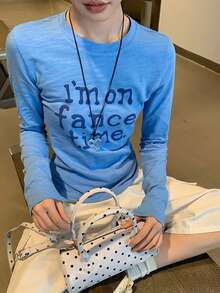 Women's Casual Letter Printed Long Sleeve Slim Fitted Round Neck T-Shirt, Autumn/Winter - Blue - View 3