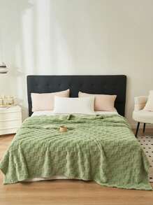 1 件浅绿色华夫格毛绒柔软舒适毛毯，适合卧室和客房