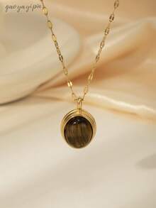 1pc French Fashion Tiger Eye, Turquoise, Ruby Stainless Steel Pendant Necklace, 18k Gold Plated Jewelry, Natural Stone Gemstone Gift, Suitable For Women's Daily Wear