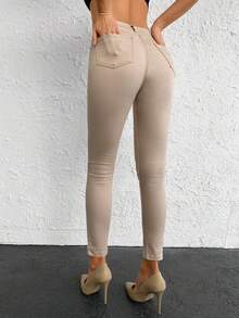 Damen Hose mit hoher Taille, elastisch, schmal geschnitten, aus Leinen, einfarbig, Lässig, mit Reißverschluss, Knopf und Taschen