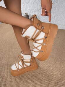 Girl Snow Boots, New 2025 Fleece Thickened Round Toe Lace-Up Fashion Warm Winter Outdoor Boots