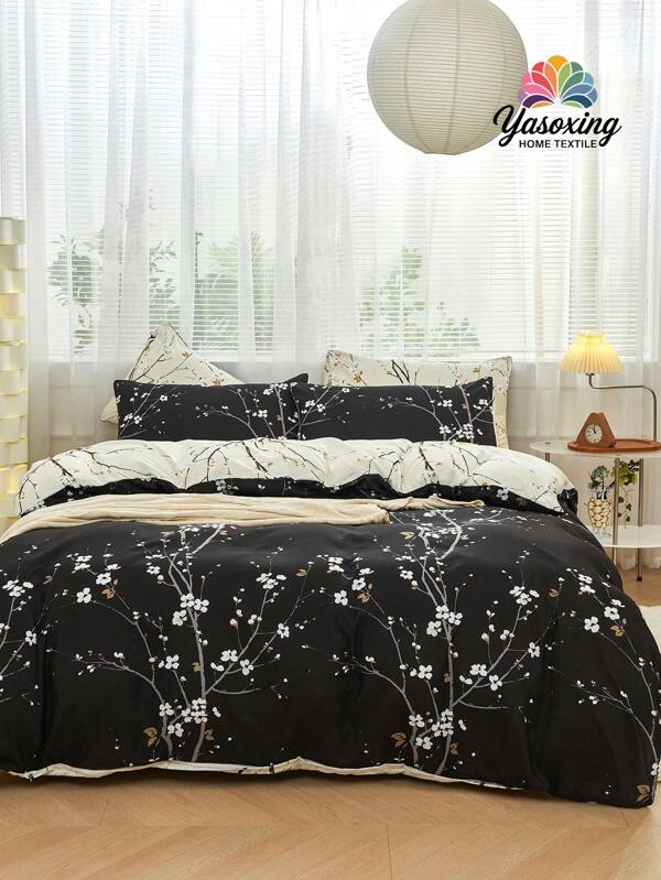 3 Stücke/Set Zweifarbige umkehrbare Bettwäsche-Set mit Pflaumenblütenmuster in Schwarz und Beige, pflegeleichte Microfaser, weich, atmungsaktiv, knitterfrei für besseren Schlaf, Luxushotel-Stil, Geschenk für Mutter, Vater, Freunde, Bettbezug*1, Kissenbezüge*2, Größen: King, Queen, Full, Twin, Schul-/Studentenwohnheim Bettwäsche