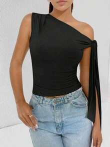 Elegant Suplex T-Shirt Top With Asymmetrical Shoulders And Straps, Ideal For Daily Use, Outings, Nightclubs, Parties, Halloween Costumes - 黑色 - 查看 6
