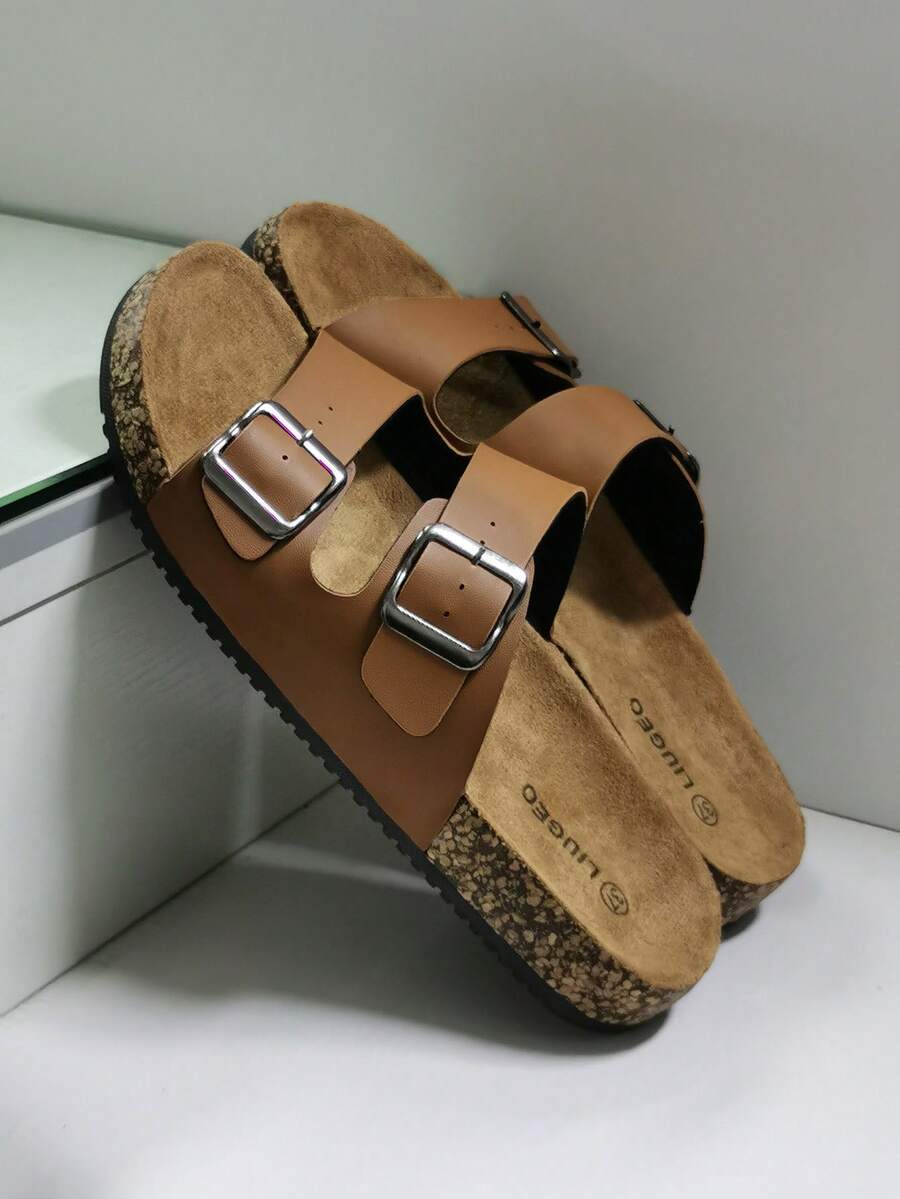 Un must-have de vară! Papuci de plută moi LIUGEO cu cataramă dublă, bleumarin, versatili pentru exterior și interior, confortabili - Maro - Vizualizare 1
