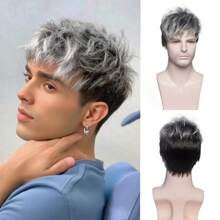10-Inch Men'S Stylish Short Curly Wig, Silvery Gray With Black Mix, Rose Net Synthetic Fiber, Side Bangs, Heat Resistant, For Daily Wear, Festivals, Halloween, Christmas, Father'S