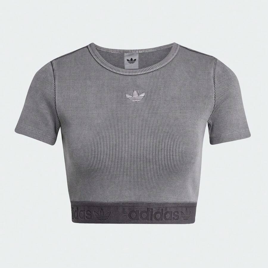 Adidas Originals Women's RIB TEE WASH Short Sleeve T-Shirt, Knitted Collarless Short TJW3573 - Grey - View 1