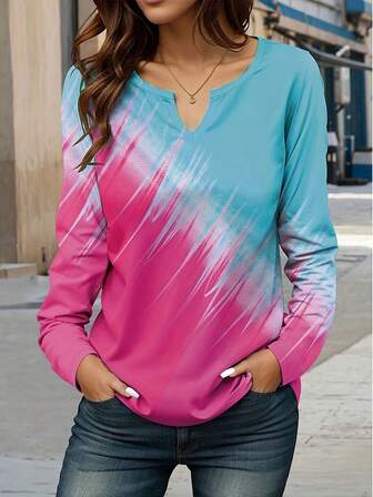 Women's Contrast Color V-Neck Elegant Fashion Long Sleeve Casual T-Shirt
