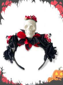 1pc Halloween Realistic Black & Red Skeleton Flower Headband, Dark Gothic Style Day Of The Dead Party Costume Accessory For Women - Multicolor - View 20