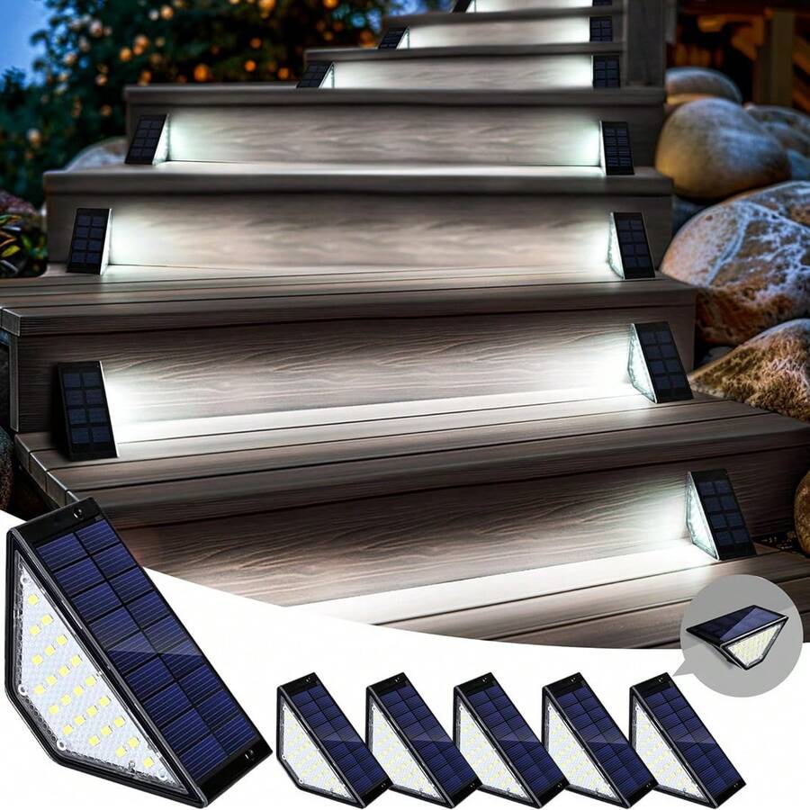 Luces solares LED para escaleras exteriores, 24 luces LED, iluminación solar a prueba de agua para escaleras, decoración solar para patio, jardín, caminos, puerta principal, camino de acceso, porche (luz blanca)