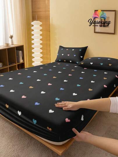 2/3pcs /Set Black Hert-Shaped Pattern Fitted Sheet Set Without Filler, Fitted Sheet Set For Bedroom Brushed Microfiber Breathable Comfortable 1pc Fitted Sheet+1/2pcs Pillow Case Without Filler, Back School Bedding Domitory Bedding Set