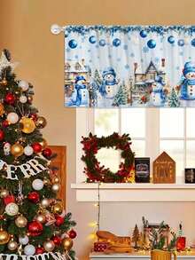 Cortina con tema navideño de 45*140cm, decoración de ventana - Cortina con patrón de pueblo nevado y muñeco de nieve de Navidad azul con bolsillo para barra, adecuada para cocina, dormitorio, oficina y decoración de sala de estar, material de poliéster, decoración navideña para todo el año