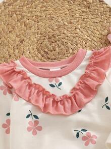 Baby Girl Apricot Floral Print Pink Ruffle Collar Outfit, Including Straight Leg Pink Ribbed Long Pants, Autumn/Winter
