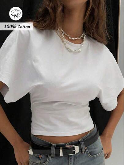 Casual White Round Neck Half Sleeve T-Shirt For Women Short Length Knitted Fabric With Slight Stretch Comfortable Top