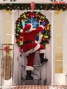 1pc Santa Claus Climbing Ladder Style Christmas Door Flag, Christmas Decor Door Banner, Xmas Door Porch Sign Flag Door Cover Curtain, 2025 Christmas Decorations For Home, Winter Holiday Christmas Party Background Wall Decoration Supplies, Home Decor - Santa Claus Ladder - View 2
