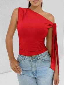 Elegant Suplex T-Shirt Top With Asymmetrical Shoulders And Straps, Ideal For Daily Use, Outings, Nightclubs, Parties, Halloween Costumes - 紅色 - 查看 3