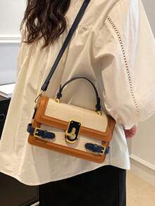 Retro Women's Crossbody Bag - Vintage Spliced Messenger Purse With Square Metal Buckle - 藏蓝色 - 查看 4