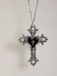 复古哥特风格个性化荆棘玫瑰十字架心形吊坠十字架项链，Y2K 女士项链，不锈钢链，万圣节礼物 - 銀色 - 查看 1