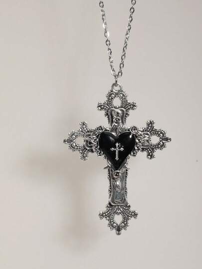 复古哥特风格个性化荆棘玫瑰十字架心形吊坠十字架项链，Y2K 女士项链，不锈钢链，万圣节礼物