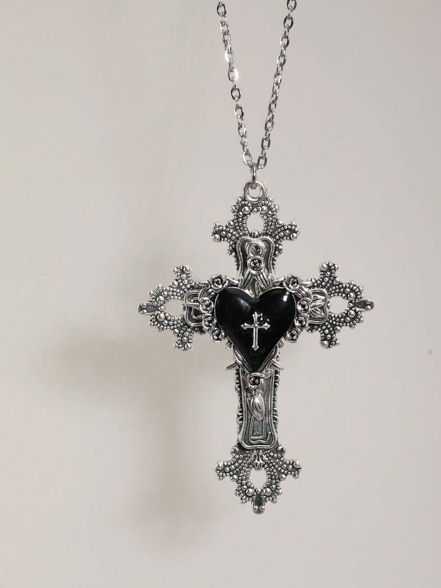 复古哥特风格个性化荆棘玫瑰十字架心形吊坠十字架项链，Y2K 女士项链，不锈钢链，万圣节礼物 - 銀色 - 查看 1