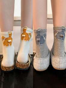 1/2/3双装卡通图案男女通用情侣运动中筒袜，春夏假日礼物 - 彩色 - 查看 14