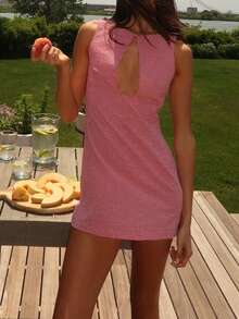 Women Mini Dress Sleeveless Plaid Dress Hollowed Slim Fit Summer Tank Dress For Club Party - Đỏ - Xem 2
