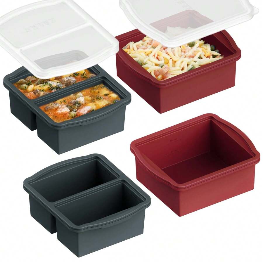 Silicone Freezer Trays With Lids, Set Of 4 - With 1cup And 2 Cup Silicone Freezer Molds For Freezing Soups, Sauces And Individual Microwave - Xám - Xem 1