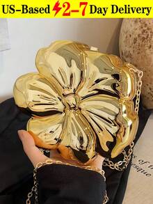 Women's Elegant Mini Flower Shaped Chain Crossbody Bag, Metallic Y2K Style Theme Party Shoulder Bag, Fashionable Novelty Shaped Bags, Versatile Small Mobile Phone Key Coin Purse, Portable Outdoor Travel Vacation Cosmetic Bags, Wear-Resistant Solid-Color Clutch Bag - 金色 - 查看 15