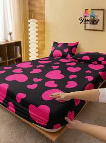 2/3 件套黑红色赫特形图案床笠套件（无填充物），卧室床笠套件，拉绒超细纤维透气舒适 1 件床笠 + 1/2 件枕套（无填充物），背面学校床上用品宿舍床上用品套件