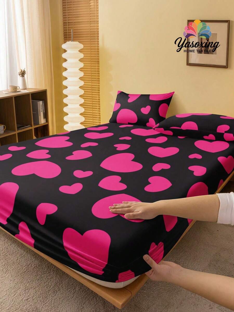 2/3 件套黑红色赫特形图案床笠套件（无填充物），卧室床笠套件，拉绒超细纤维透气舒适 1 件床笠 + 1/2 件枕套（无填充物），背面学校床上用品宿舍床上用品套件