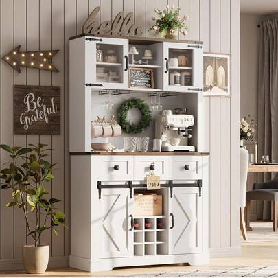 Dragonpad 72" Farmhouse Bar Cabinet With Sliding Barn Door And Storage Shelf, Tall Kitchen Buffet With Storage Hutch And 3 Drawer, Rustic Coffee Wine Bar Sideboard With Wine & Glasses Rack, For Living Room Dining Room ﻿