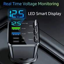 YITUMU Caricabatterie auto veloce da 120W con 3 cavi retrattili, 2 porte USB e 2 porte PD, design regolabile a 180°, display della tensione in tempo reale, compatibile con 16/15/14 Pro Max, telefoni Android, serie Galaxy, Pixel, tablet, adattatore per accendisigari auto 12-24V