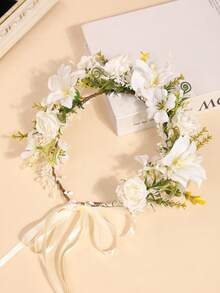 1件粉色玫瑰花波西米亚风花环，浪漫婚礼季必备，可作皇冠、头饰、头饰、发饰、花环、发藤、头饰、夏威夷风情服饰、准新娘、情人节配饰、女士发饰。 - 白色 - 查看 4