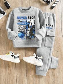 Tween Boy Letter Graphic Print Crew Neck Sweatshirt And Sweatpants Set - Grey - View 2