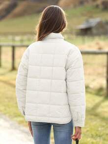 Women's Quilted Cotton Coat With Pockets,Lightweight Short Winter Puffer Jacket,Quilted Streetwear Fashion For Casual Lounge - trắng - Xem 3