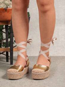 Zapatos planos de alpargata con diseño de pierna anudada para mujer    Bohemian  Vacation - Dorado - Ver 2